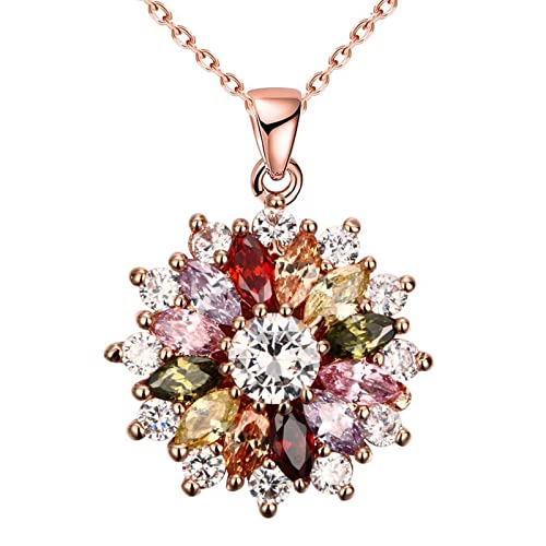 Colorful Snowflake Pendant Necklace, White Gold Plated Multi Gemstone Necklaces Marquise Cubic Zirconia Necklace for Women, 18+2 inch - color: 18k Rose Gold Plated