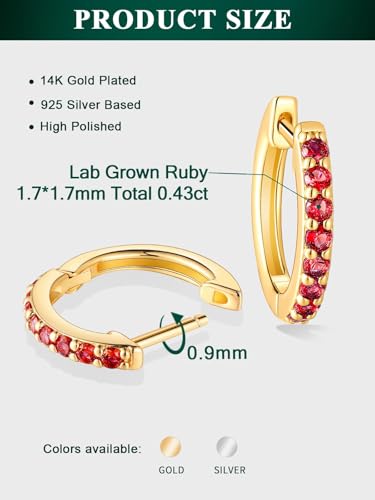 Chunky Emerald Sapphire Ruby Hoop Earrings, Princess or Round Cut, 14k Yellow Gold Plated Sterling Silver Cubic Zirconia Huggie Earings Minimalist Hoops Earrings for Women Wedding Daily Birthday - style: Round cut -Ruby -Gold