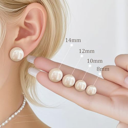 4 Pairs Pearl Stud Earrings Sterling Silver Earring Set | 14K Plated Gold Hypoallergenic Earring stud Large size Round pearl 8mm-14mm Set Earrings for women - style: Flat Round-4 Pairs