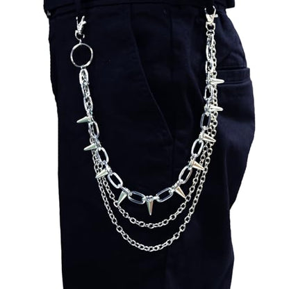 Hip Hop Punk Pants Chain Wallet Chain, Unisex Rivet Spike Jeans Pocket Chain Goth Belt Chain for Women Men Biker Rocker Pants Accessories - color: 【Chain-01】3-Layer Rivet（Silver）