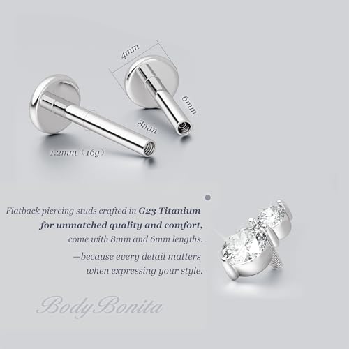 G23 Titanium 16G Tragus Conch Piercing Jewelry Flat Back Stud Earrings | Hypoallergenic CZ Nose Dangle Helix Medusa Lip Labret Body Piercing Jewelry, 14K Gold Plated, Silver, 6 and 8 mm Post Length - color: Deux-Titanium