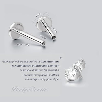 G23 Titanium 16G Tragus Conch Piercing Jewelry Flat Back Stud Earrings | Hypoallergenic CZ Nose Dangle Helix Medusa Lip Labret Body Piercing Jewelry, 14K Gold Plated, Silver, 6 and 8 mm Post Length - color: Deux-Titanium