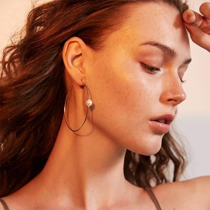 OwMell Large Hoop Earrings for Women 925 Sterling Silver Post 14K Gold Plated Big Hoops Earrings Trendy Pearl Cubic Zirconia Hoop Earrings - color: Pearl Silver