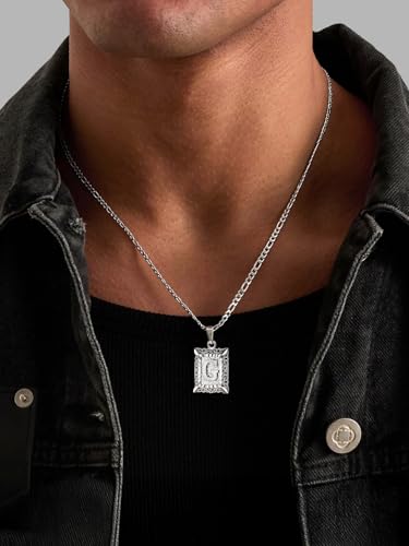 U7 Initial Letter Necklace for Men Women, 14K Gold/Silver Plated Square Capital Monogram Pendant Necklace from A-Z with 22+2 Inch Figaro Chain, Personalized Jewelry for Him - color: Silver, style: G