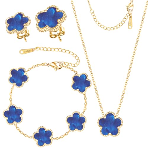 Clover Jewelry Set 3 PC - 18K Gold Plated Stainless Steel Y Necklace Four Leaf Pendant, Clover Link Bracelet Charm, Flower Earrings, Hypoallergenic Non-Tarnish,Simple Luxury Lucky Gifts for Women - color: Blue