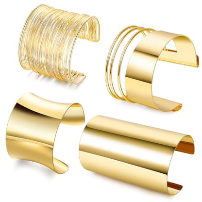 4PCS Chunky Cuff Bracelets Set for Women Hammered Chunky Bracelets Adjustable Open Wide Wire Bracelets Irregular Minimalist Coil Bangle Set Gold Silver Upper Arm Punk Jewelry - color: Gold C