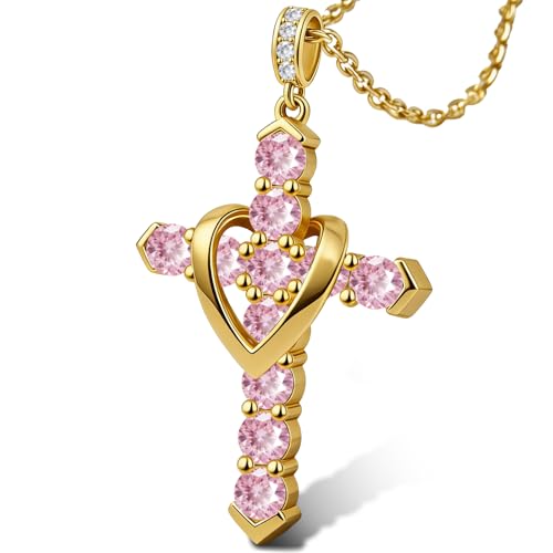 Cross Necklace for Women, Silver Cross Pendant Necklaces | 14K Gold Plated, Dainty CZ Cross Necklace, Non Tarnish and Hypoallergenic Jewelry for Women, Christian Religious Faith Gifts - color: B-Pink-Gold