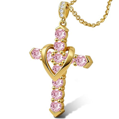 Cross Necklace for Women, Silver Cross Pendant Necklaces | 14K Gold Plated, Dainty CZ Cross Necklace, Non Tarnish and Hypoallergenic Jewelry for Women, Christian Religious Faith Gifts - color: B-Pink-Gold
