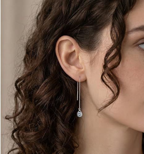 Reffeer Solid 925 Sterling Silver CZ Droplet Chain Dangle Earrings for Women Teen Girls Tassel Dangle Earrings Threader - color: A-Silver