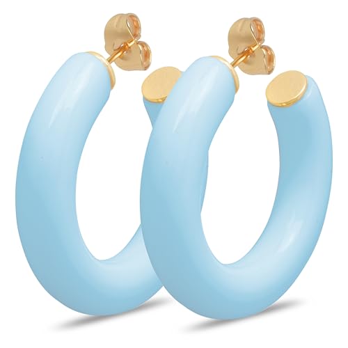 Gold Plated Multicolor Resin Chunky Thick Open Hoop Earrings in 57MM and 37.5MM Diameters - color: Blue - Baby Blue - Glossy Finish, size: 37.5MM (1.48") Diameter