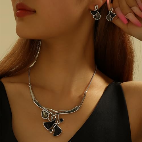 Chunky Statement Jewelry Set Vintage Retro Leaf Flower Floral Geometric Bohemian Boho Bib Necklace Earring Set Fashion Costume Jewelry for Women Girls Wedding Party Prom Unique Gift - style: triangle twist-black grey