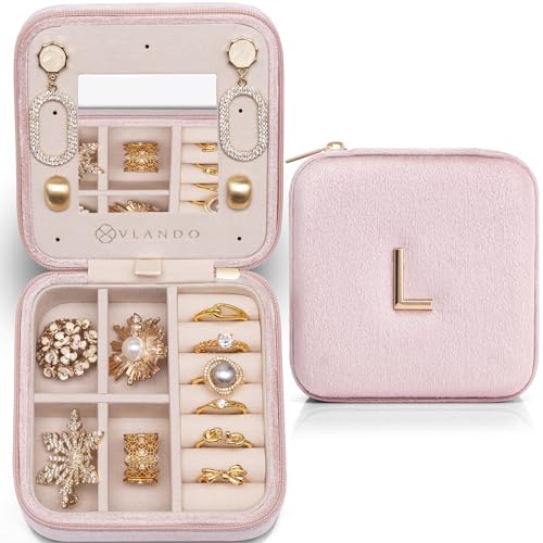 VLANDO Jewelry Travel Case, Letter L Design with 7 Ring Rolls - color: Pink, size: Letter L