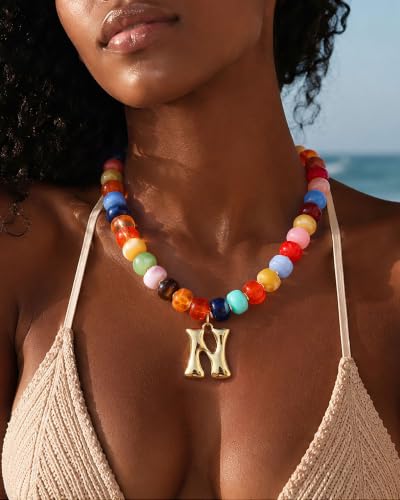 Colorful Chunky Beaded Necklaces for Women Bubble Letter Initial Choker | Boho Statement Bead Necklace, Personalized Rainbow Gemstone Necklaces, Baublebar Gold Necklace Stack, Summer Beach Jewelry - color: Initial N