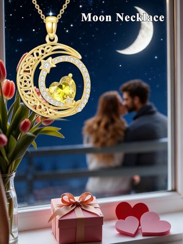 Midari 18K Yellow Gold Sun Moon Star Pendant Rose Flower Necklaces I Love You Forever Sun Moon Jewelry Gift for Mother Women - color: 11-Nov-Citrine, style: Moon&Star