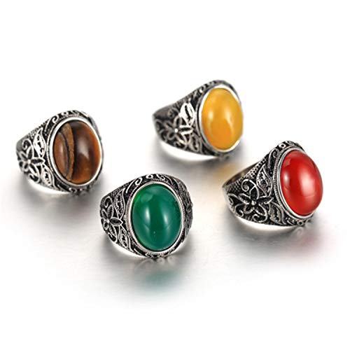 Retro Unisex Stainless Steel Oval Gemstone Hollow Flower Carved Signet Ring - color: Silver-Brown