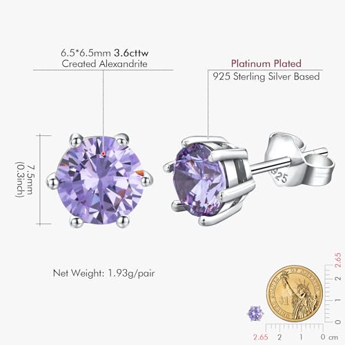DAYBYDAY 925 Sterling Silver Birthstone Earrings for Women, Crystal Stud Earrings, 6.5mm Round Cut Solitaire Gemstone Earrings Birthday Jewelry - style: Round Cut-06. Jun/created alexandrite