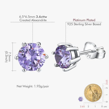 DAYBYDAY 925 Sterling Silver Birthstone Earrings for Women, Crystal Stud Earrings, 6.5mm Round Cut Solitaire Gemstone Earrings Birthday Jewelry - style: Round Cut-06. Jun/created alexandrite