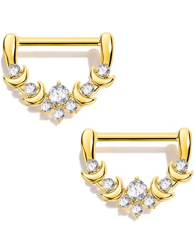 CM Crareesi Mania Moon Nipple Clicker Rings,14G Nipple Shield Rings, 316L Stainless Steel Nipple Barbells Clear CZ, Nipple Rings for Women - color: Gold