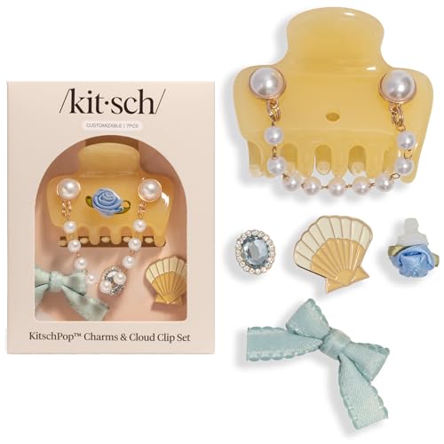 KitschPop ™ Hair Clips For Women with Charm Sets - Butter Yellow, 7pcs Set | Customizable Cloud Claw Clip With Interchangeable Collectible Cute Charms – Hair Clips For Styling Updo, Half Updos - color: Coastal Cottage