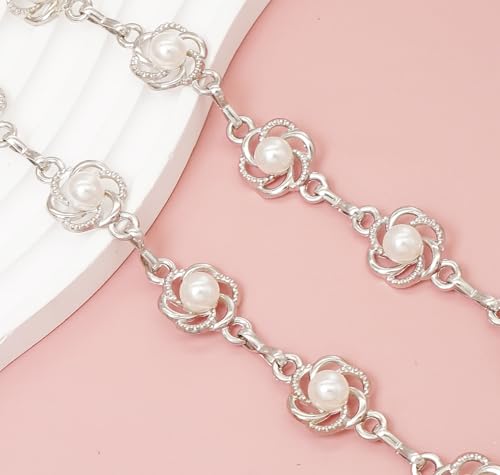 Women's Waist Chain Flower Metal Belt for Dresses Jeans | Adjustable Belly Waist Chain - color: Pearl Flower Silver, size: S: 105cm/41in
