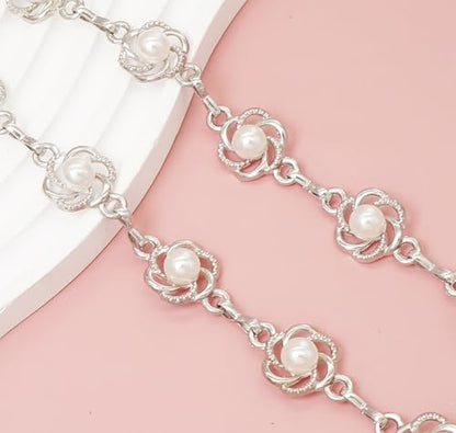 Women's Waist Chain Flower Metal Belt for Dresses Jeans | Adjustable Belly Waist Chain - color: Pearl Flower Silver, size: S: 105cm/41in