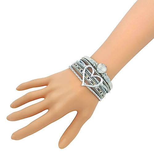 Womens Love Heart Leather Wrap Bracelet Multi-layer Stacked Bangle | Magnetic Clasp Soft PU Leather Resin Stone Rhinestone Boho Style Birthday Valentine Christmas Bohemian Jewelry Gift - color: Silver