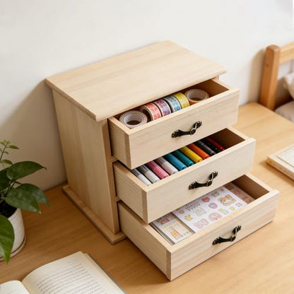 2-Pack Unfinished Solid Pine Wood Box with 3 Mini Drawers, Blank Natural Wooden Jewelry Organizer, Paintable and Carvable Storage Box for Arts, Crafts and DIY Projects