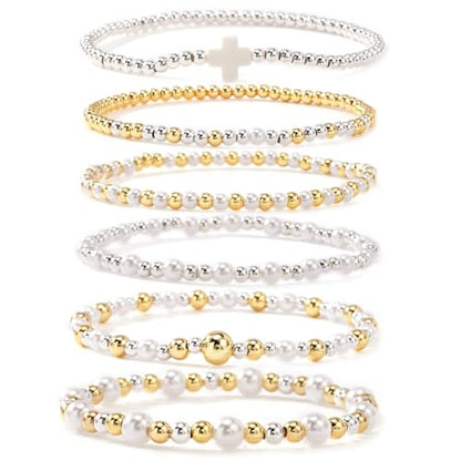 Silver Gold Beaded Bracelets for Women Stackable 14K Gold Plated Beads Ball Cross Bracelet Stack Non Tarnish Elastic Stretch Trendy Jewelry Christian Friendship Christmas Gifts for Women - color: 6pcs-Pearl