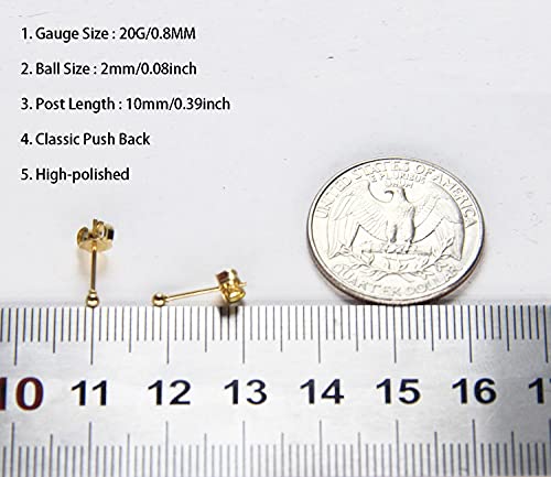 14K Gold Filled Polished Small CZ Pearl Ball Stud Earrings Set for Women Men 20G Surgical Steel Hypoallergenic Piercing Studs for Sensitive Ear, Pack of 6 Pairs - style: G : 2MM Gold Ball Set