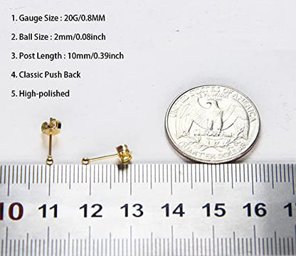 14K Gold Filled Polished Small CZ Pearl Ball Stud Earrings Set for Women Men 20G Surgical Steel Hypoallergenic Piercing Studs for Sensitive Ear, Pack of 6 Pairs - style: G : 2MM Gold Ball Set
