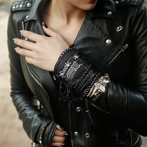 10pcs/set Black Punk Style PU Leather Bracelet Set - Adjustable Cuff Wraps for Men & Women, Perfect for Casual Attire & Gifting