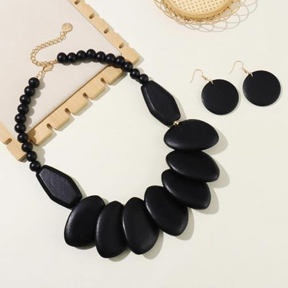 Coiris Chunky Wooden Necklace and Earring Set for Women Boho Statement Jewelry Ethnic Accessories - color: Black