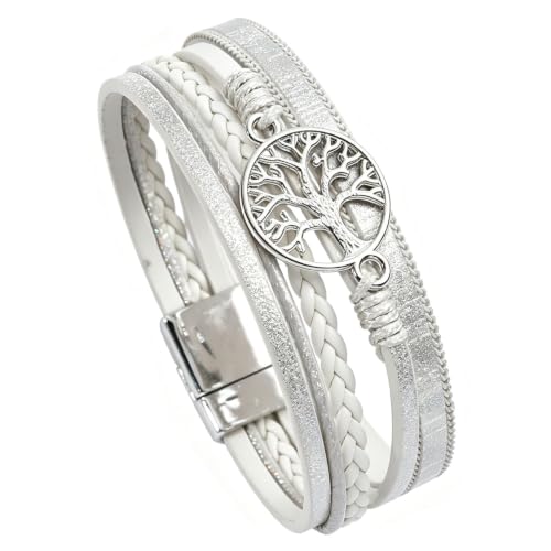 Tree of Life Multilayer Faux Leather Wrap Bracelet, Boho Braided Cuff Wristband with Metal Buckle, Spiritual Layered Bangle Jewelry Gift for Women Girls (White)
