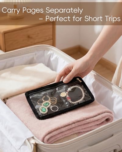 Travel Jewelry Organizer Case Refill Pages-24 Compartments Clear Zipper Velvet Pockets for Rings Earrings Necklaces,2-Section Replacement Pages, Black,Pack of 6 - color: 2-Section Inner Pages,Black,Pack of 6