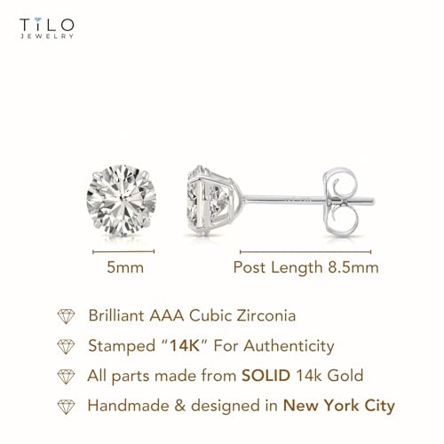 14k White Gold Solitaire Round Cubic Zirconia Stud Earrings with Pushbacks - style: 5mm