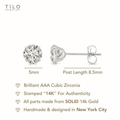 14k White Gold Solitaire Round Cubic Zirconia Stud Earrings with Pushbacks - style: 5mm