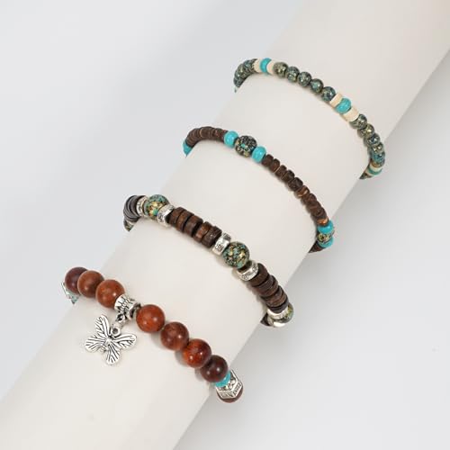 Boho Wooden Beads Bracelets Bohemian Bracelet Stack for Men Women Wood Beaded Bracelet Set - color: A