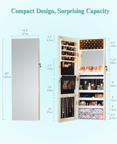 LUXFURNI Wall & Door‑Mounted Storage Jewelry Armoire Cabinet with Mirror | Built‑in LED Mirror, Acrylic Lipstick Tray, 4 Clear Drawers, Large Velvet‑Lined Storage, Wall & Door‑Mounted, Lockable - style: Full Frame White