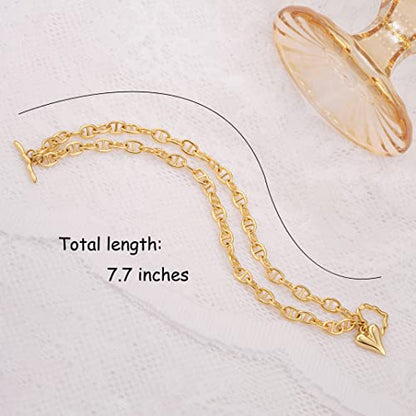 PEARLADA 18k Gold Plated Chain Layerd Bracelet Coin Charm Toggle Bracelet Trendy Cubic Zirconia Jewelry - color: 2. Double strand heart charm