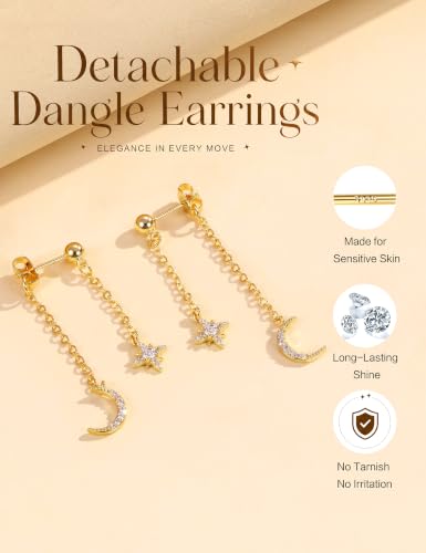 Pearl Dangle Stud Earrings for Women, 925 Sterling Silver Post Drop Earring | Trendy Detachable Chain Earrings, CZ Flower Stud Earrings, Hypoallergenic Wedding Statement Jewelry for Brides - color: Gold 3