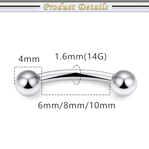 Internally Threaded Eyebrow Piercing Jewelry Surgical Steel Tiny Eyebrow Rings Vertical Labret Lip Jewelry Small Ear Rook Earring for Women Men 18g 16g 14g Plus Piercing Ball Grabber Tool - color: silvertone, size: 14g,ball end