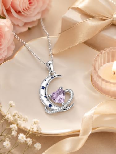 Birthstone Necklace for Women White Gold Moon and Star Pendant Moon Jewelry Anniversary Birthday Gifts for Mom Wife Her - color: 06. June - Alexandrite