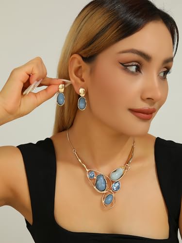 Chunky Statement Jewelry Set Blue Ocean Seashell Choker Necklaces Earrings Set for Women Pearl Bib Collar Necklaces for Party Prom Pageant Summer Fashion Jewelry Unique Birthday Gift - style: imitation pearl crystal JS gold blue