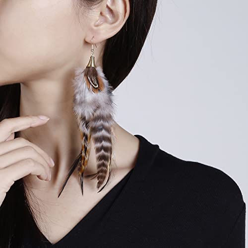 Bohemian Pheasant Peacock Long Feathers Statement Earrings Handmade Natural Lightweight Feather Dangle Earrings for Women (ea000071) - color: Brown A