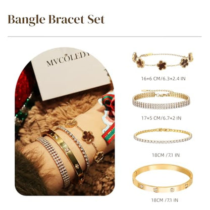 18 K Gold Plated Love Bangle Bracelet Stack for Women,Set of 4 Floral Clover Chain, Tennis Crystal &Gold Stackable Bangle Bracelet -Adjustable Layered Jewelry Gift for Wife Valentines Mother's Day-MVCOLEDY - color: Brown and White CZ