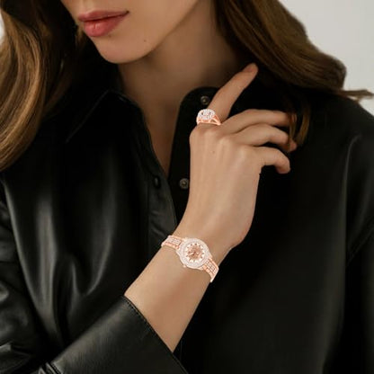 NEWITIN 13 Pieces Silver Jewelry Set for Women Stainless Steel Cuban Link Necklaces Bracelets Earrings Watch Ring Bling Cubic Zirconia Cuban Jewelry Set for Women Men - color: Rose Gold Jewelry Set