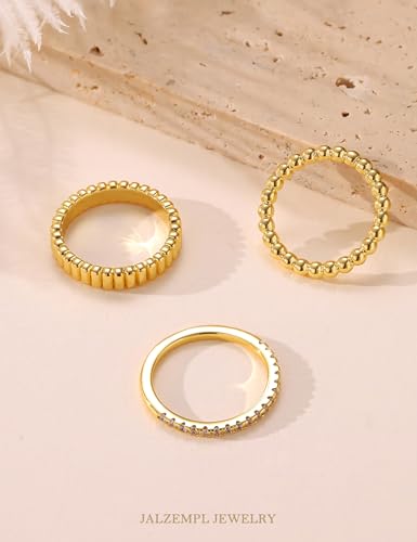 3Pcs Stackable Gold Rings Set for Women Cubic Zirconic Ribbed Bead Jewelry | 14K Gold & Silver Plated, Non Tarnish, Dainty Stacking Design, Trendy Gift - color: 14K Gold Plated
