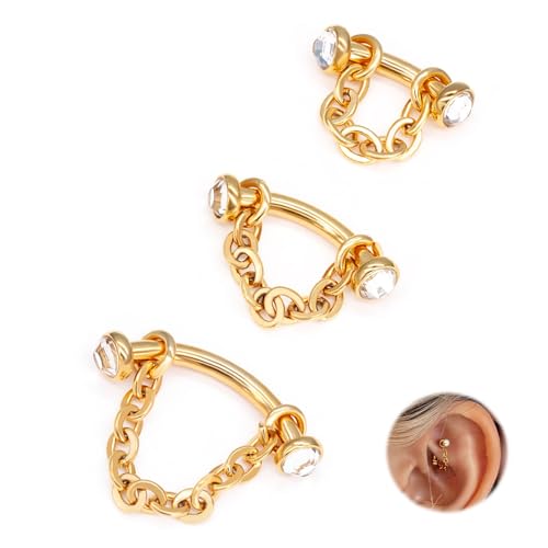 3 Pcs 316L Stainless Steel 16G Tragus Helix Rook Piercing Jewelry with Chain, Cartilage Earrings for Women, Belly Button Ring Vertical Labret Lip Piercing Jewelry - color: Gold, size: Full Setting