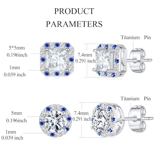 Titanium Stud for Sensitive Ears, Gold Plated Halo Cubic Zirconia Earrings - color: Round & Square White Stud