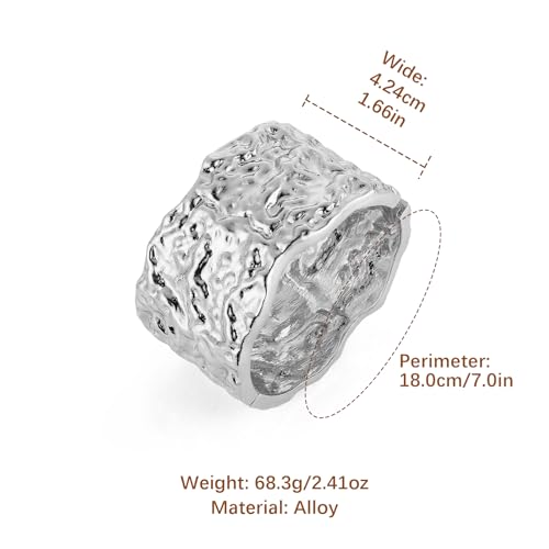 HZMAN Chunky Gold Cuff Bracelets for Women Thick Wide Bangle Bracelet Hammered Open Hinge Wrist Cuff Bracelet Jewelry Gift - color: 12.Meteorite Shaped Silver 7In